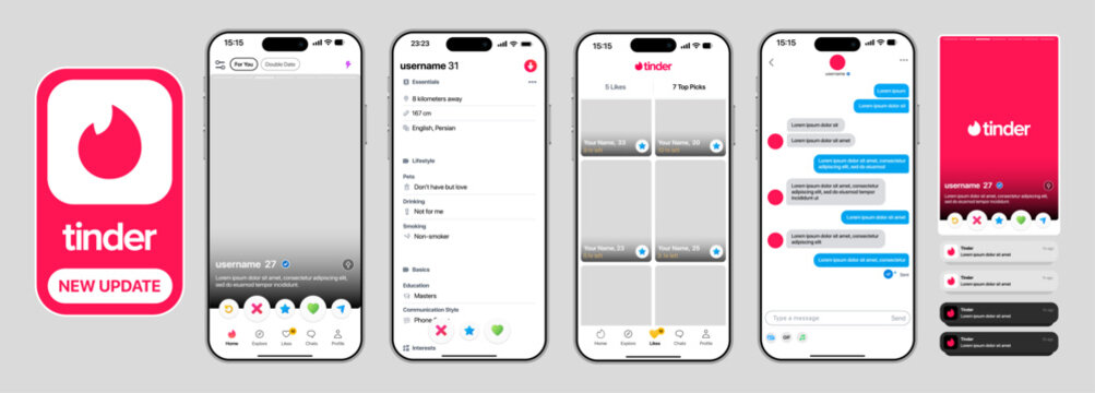 Tinder modern dating app interface with swipe cards profile previews match flow chat messaging and smart connection layout in a clean interactive mobile design