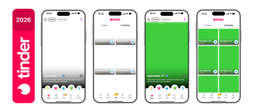 Tinder 2026 dating app interface on transparent PNG and green screen with swipe cards smart matching profile preview chat reactions and modern connection flow for promo and showcase use