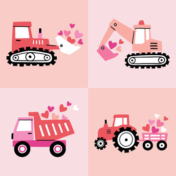Valentine's Day construction trucks on isolated pink background. Hand drawn clipart with bulldozer and hearts. 