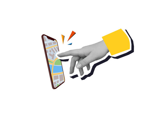 Black and white hand touches a phone screen with a city map. Modern collage style. Illustration on a transparent background