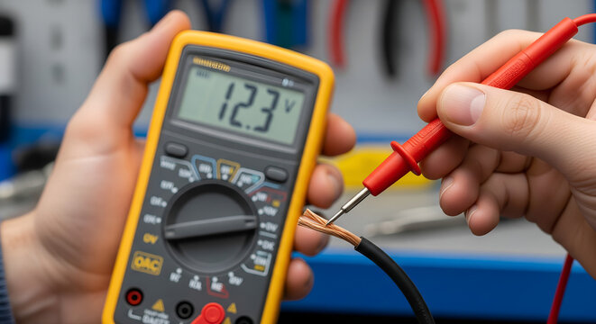 Close-up of hands using a digital multimeter to measure voltage on exposed electrical wires. Essential diagnostic testing for system safety and functionality