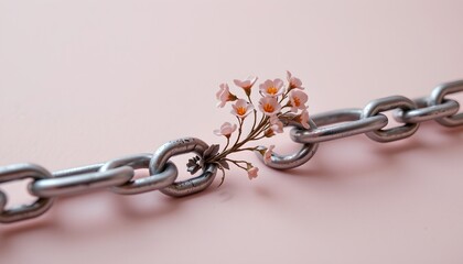 Fototapeta premium A broken chain link, with the broken ends blossoming into delicate metal flowers, silver and blush pastel background, sharp high key studio lighting, metaphorical composition, clean negative space