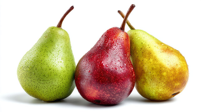 Three pears of different colors are arranged together on a white background for a fruit display
