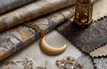 Luxury fabric swatches with crescent moon pendant and lantern flat lay