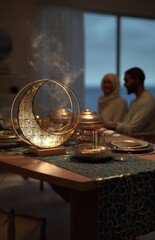 Obraz premium Crescent moon lamp on dining table during Ramadan iftar