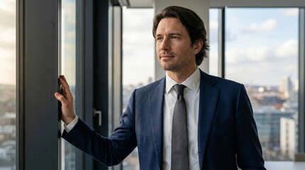 Fototapeta premium Confident businessman standing by office window with city view 