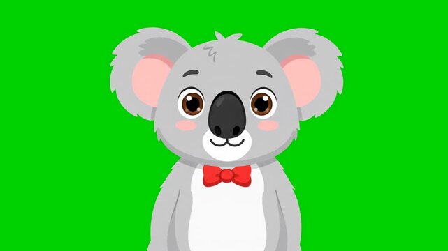 A cartoon koala bear with a red bow tie waving its hand on a bright green background