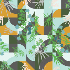 Abstract geometric background featuring hand drawn leaves and flowers for modern fashion and home decor print.