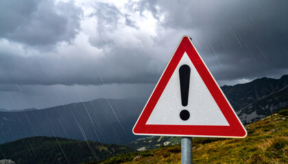 Exclamation Mark Warning Sign on a Mountain Background During Heavy Rain and Stormy Weather