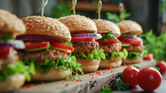 Video Freshly prepared burgers with juicy tomatoes and crisp lettuce on top, perfect for a casual meal or snack