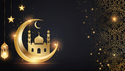 Elegant Ramadan Kareem Greeting Illustration with Golden Crescent Moon, Mosque, and Lanterns