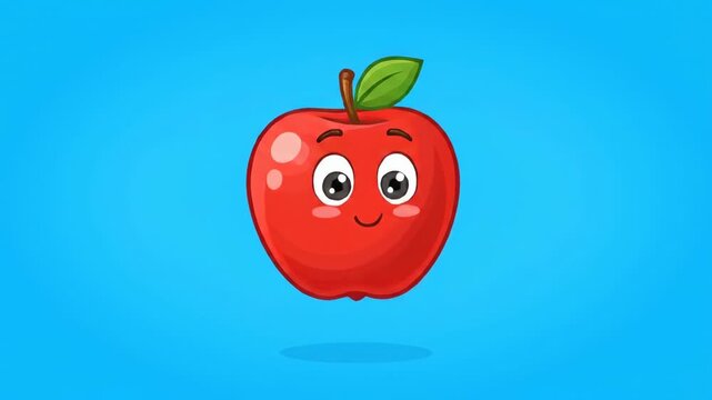 A cartoon-style red apple with a smiling face and a green leaf on a light blue background
