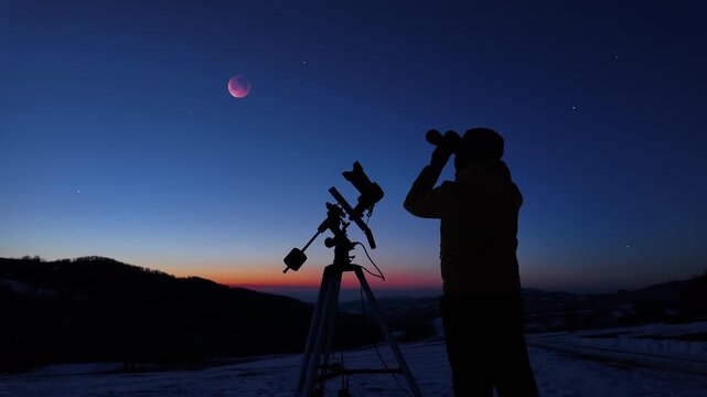 Amateur astro-photographer with camera on a tripod photographing night sky with stars, planets, Moon eclipse and other celestial objects.