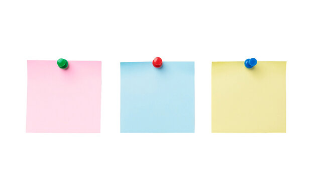 Three colorful sticky notes with push pins isolated on transparent background