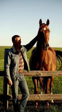 Man in denim jacket standing beside horse on sunny ranch