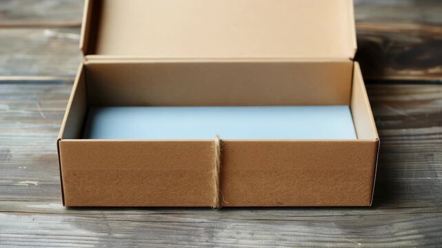 Video A closed brown box tied with twine sitting on a wooden table