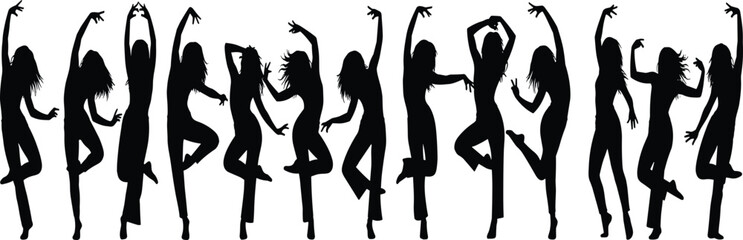Collection, of, black, silhouettes, featuring, women, dancing, in, various, energetic, poses, for, party, celebration, disco, club, night, life, and, movement.