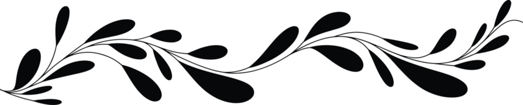 Minimalist black ink flowing line with leaf shapes, abstract vector design accent