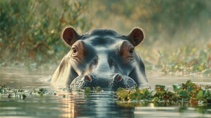 Fototapeta premium majestic hippopotamus emerging from river at sunrise in minimalist wildlife scene