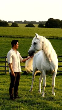 Man interacting with white horse in a serene countryside setting