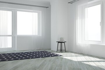 modern room with curtains, table with book and carpet interior design. 3D illustration