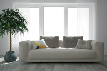 modern room with sofa with pillows,curtains and plant in flowerpot interior design. 3D illustration
