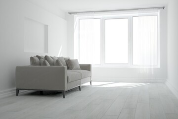 modern room wuth curtains and sofa with pillows interior design. 3D illustration