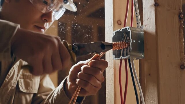 Cinematic closeup of a professional electrician twisting bare orange copper wires together inside an open electrical junction box during a renovation project in slow motion.