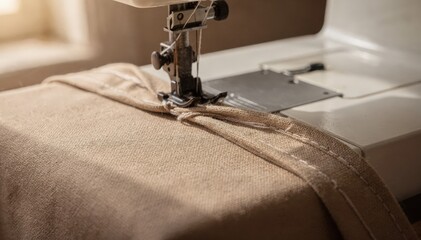 Closeup of sewing machine stitching solidcolored slipcovers with smooth fabric highlighting craftsmanship in home textile soft goods production.