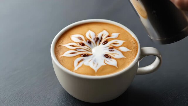 Barista pours steamed milk into cappuccino creating flower latte art in white cup on dark table