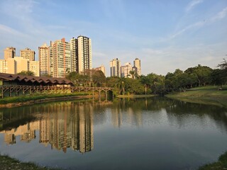Fototapeta premium An Evening Lake and Forest in a City Park with Skyscrapers Behind