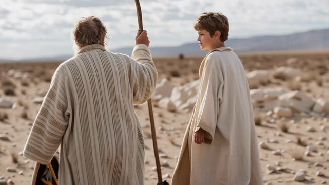 Old man and young boy walking in arid desert setting, biblical figures journeying through a dry land. Abrahamic journey story concept.