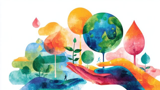 Corporate social responsibility illustration flat design front view sustainability theme water color vivid.