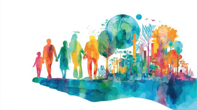 Corporate social responsibility illustration flat design front view sustainability theme water color vivid.