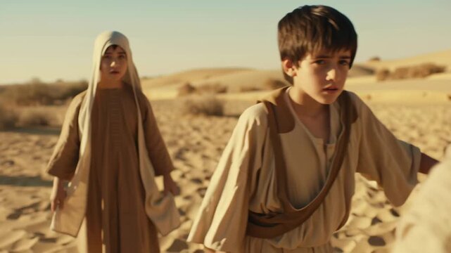 Old man and boy walking in desert with stick, biblical Abraham and Isaac theme, ancient jewish desert journey