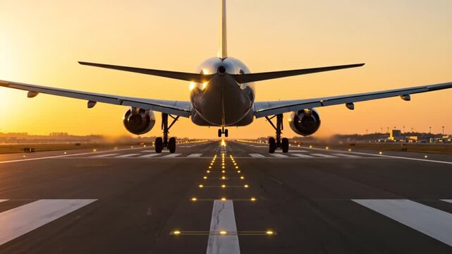 Airplane Landing on Runway at Sunset