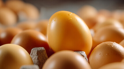 A single brown egg stands prominently in the center of a crate surrounded by many others.