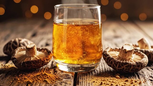 Cinematic glowing golden adaptogenic mushroom elixir in contemporary glassware set upon a rustic wooden surface with warm atmospheric lighting for health and wellness concept
