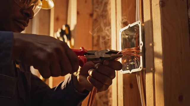 Professional electrician skillfully twisting raw copper wire using steel plier inside a plastic junction box for electrical maintenance and repair