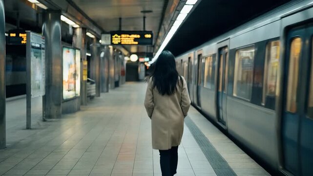 Back Shot, Young Woman Walking On Subway Platform Representing City Life, Public Transportation, Modern Routine And Daily Travel. Video