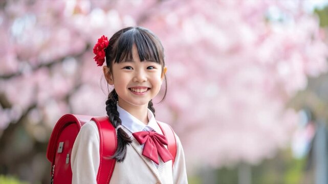 入学式の日のランドセル姿の小学一年生ポートレート