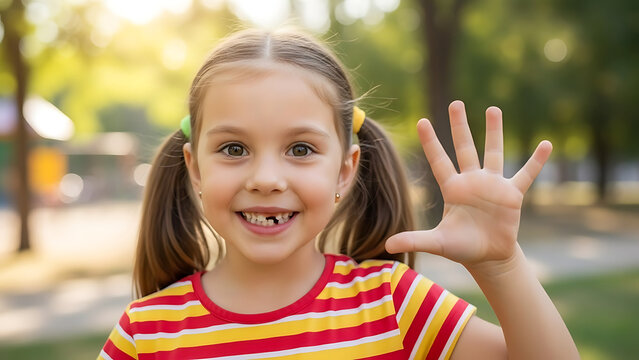 Little Girl Holding Up Five Fingers in a Park