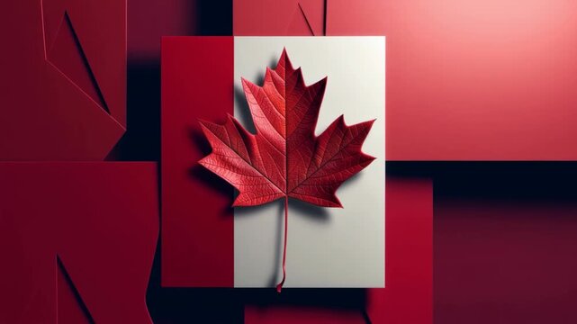 Red maple leaf on geometric red background: a visual journey of bold colors and shapes
