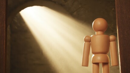 Wooden mannequin posing under a wooden archway with light indoor setting sculpture photography artistic perspective