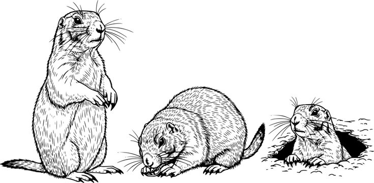 Trio of hand-drawn prairie dogs with detailed fur ringed whiskers black and white illustration
