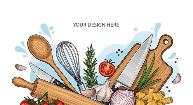 Dynamic culinary composition featuring essential kitchen tools like a whisk, rolling pin, knives, and fresh ingredients, perfect for food blog designs or recipe backgrounds
