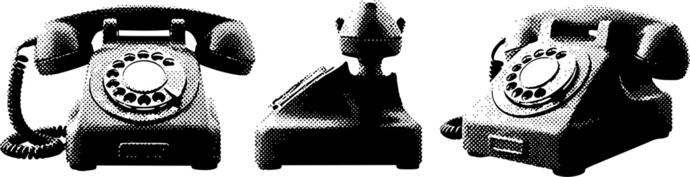 Vintage rotary telephones in halftone style with three different perspectives
