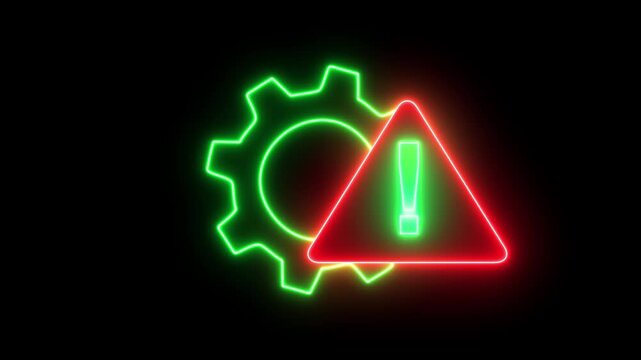 Neon process disruption icon. Bright glowing symbol representing workflow interruption, system breakdown, or halted processes. Futuristic neon design with glowing lines, isolated on a dark background,