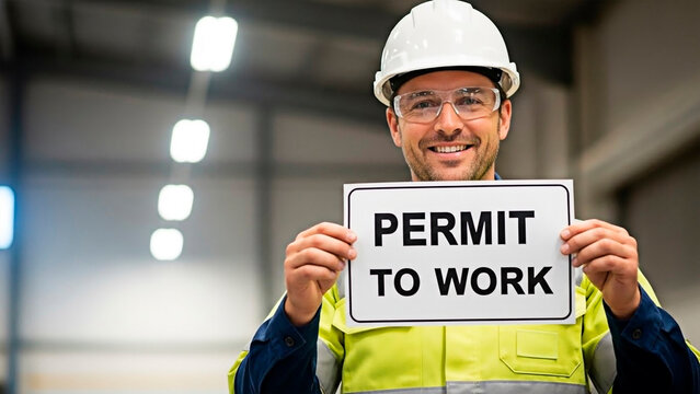 A smiling Caucasian man in a hard hat holding a permit to work sign in an industrial setting.
