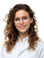 Obraz premium Young woman with curly hair and glasses smiling isolated on transparent background